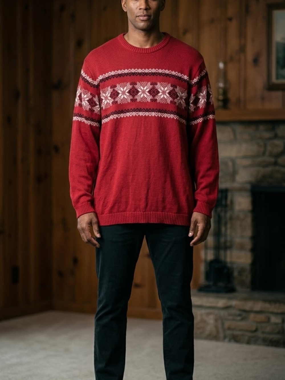 Roundtree & Yorke Red Fair Isle Crewneck Sweater with White Pattern